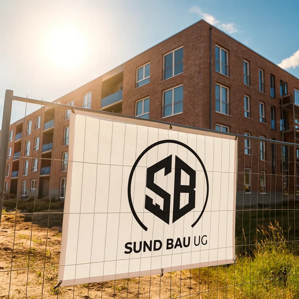 Bauzaunbanner mit dem Logo der Sund Bau UG vor einem Neubau